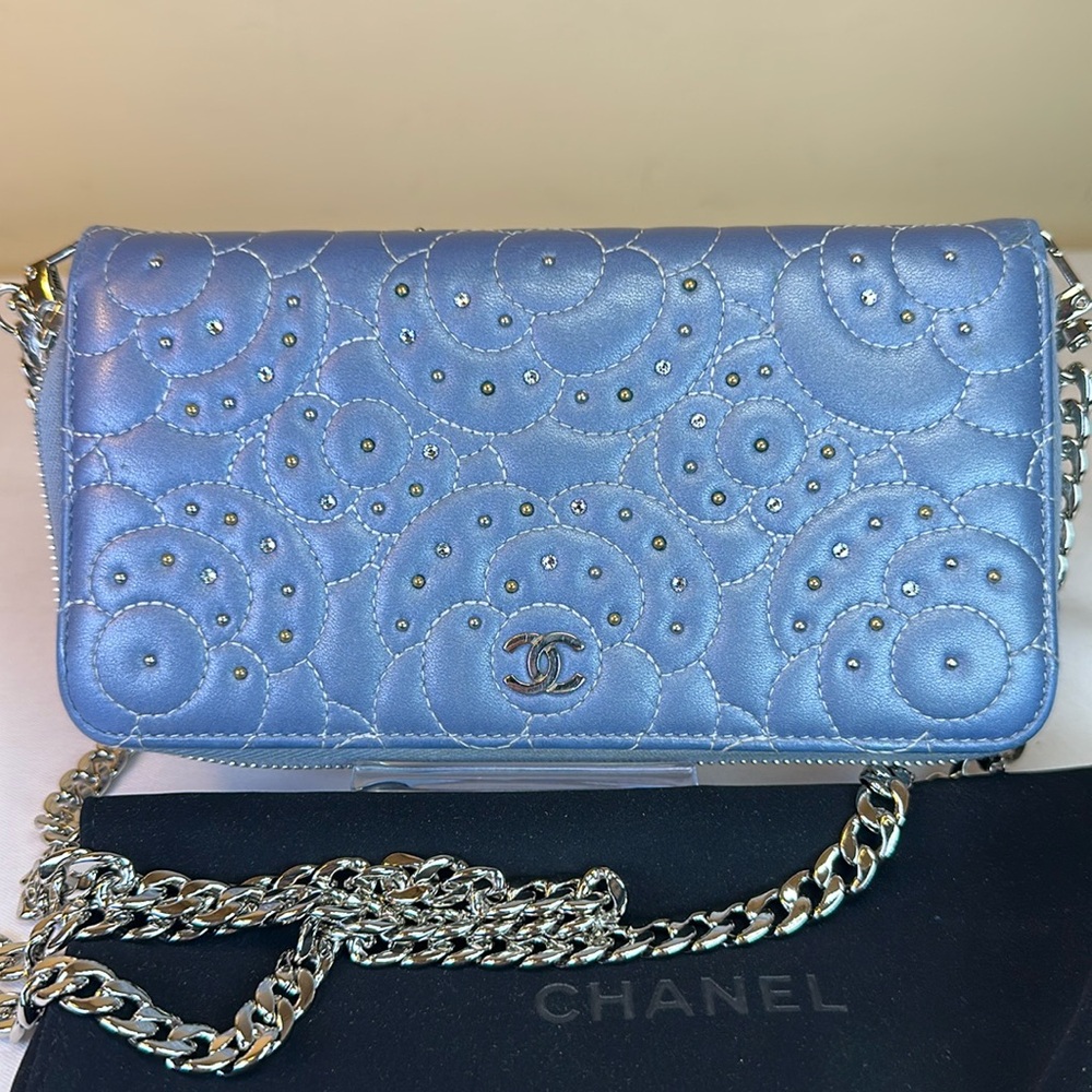 CHANEL CC Metallic Blue Rhinestone Studded Camellia Flower Series #27 2019 COA